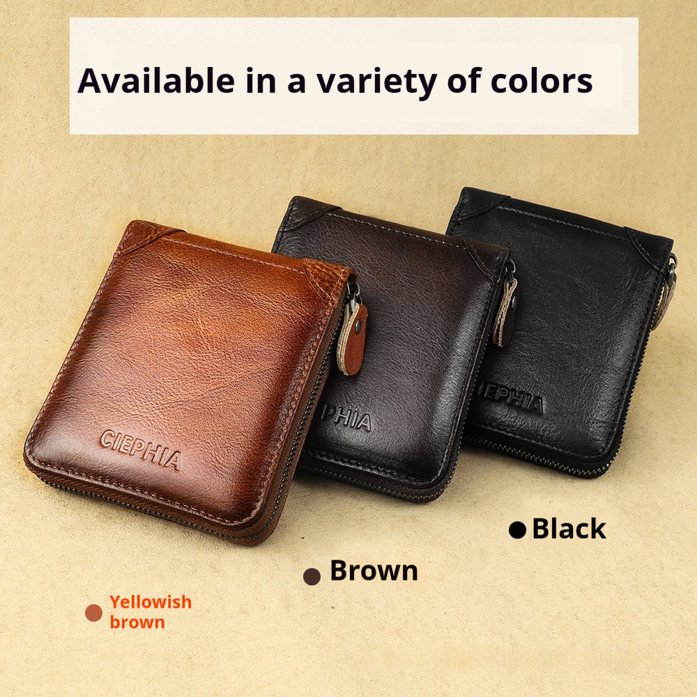 Men's Wallet Leather Short Anti-theft Swiping Zipper Multifunctional