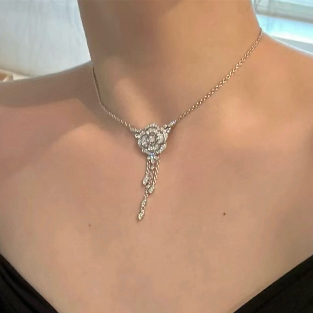 Female 925 Silver Inlaid Zirconia Diamond Camellia Tassel Necklace